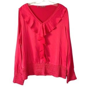 FABRIKA Fuchsia Pink Long Sleeve Banded Hem Silk Blouse With Ruffle Details M